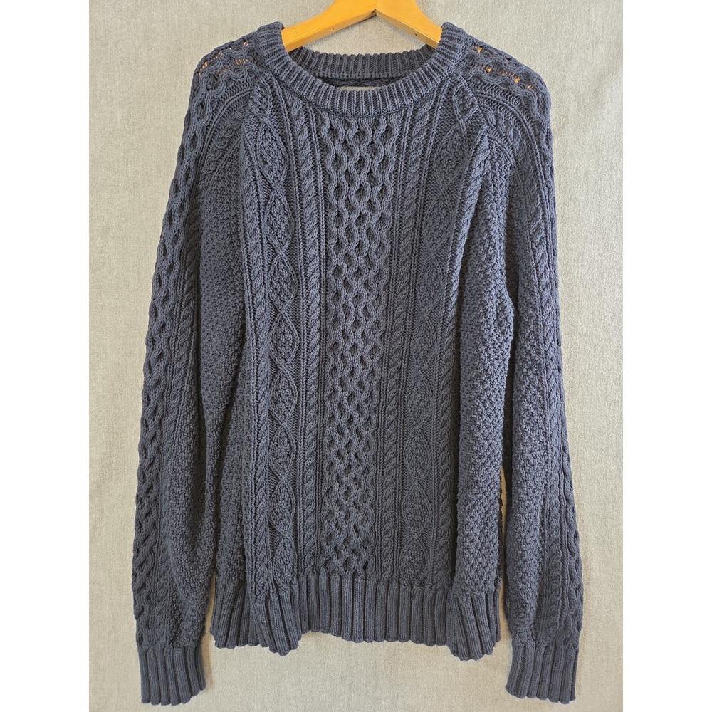 LL Bean Signature Mens XL Fisherman Sweater Chunky Cable Knit Blue Crew Neck Y2K